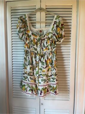FARM Rio White Cotton Dress with Red Berry & Green Leaf Print